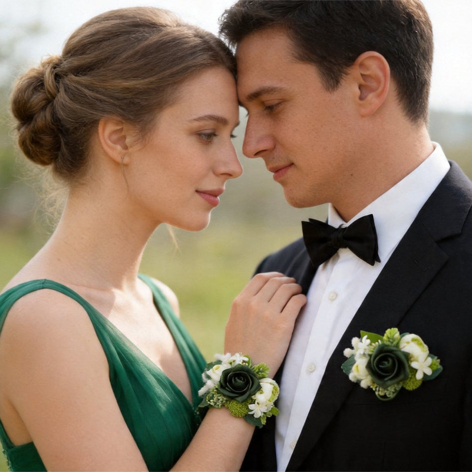 Bride and groom wearing artificial wrist corsage and boutonniere for wedding or prom