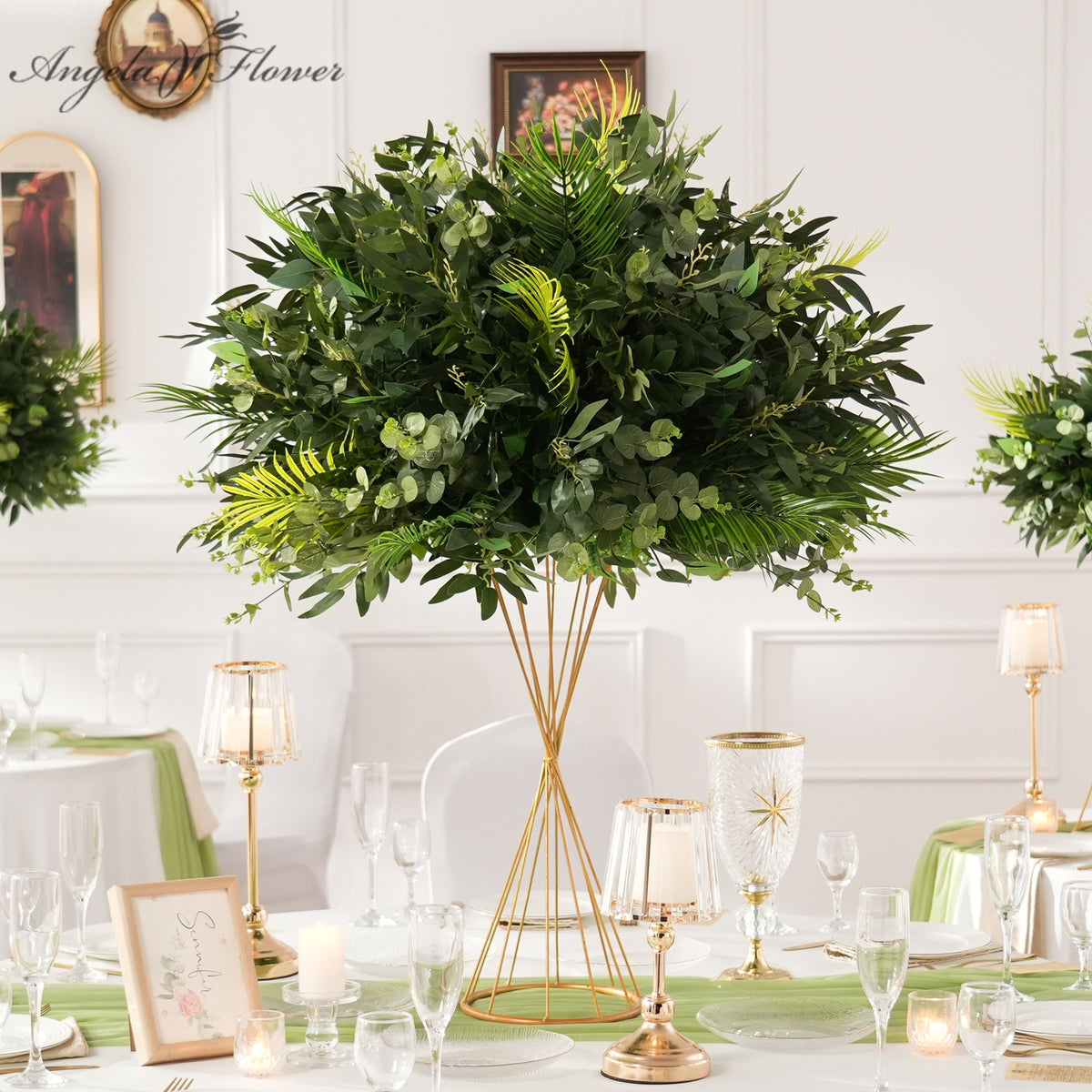 All green artificial foliage wedding table centerpiece for estate garden wedding