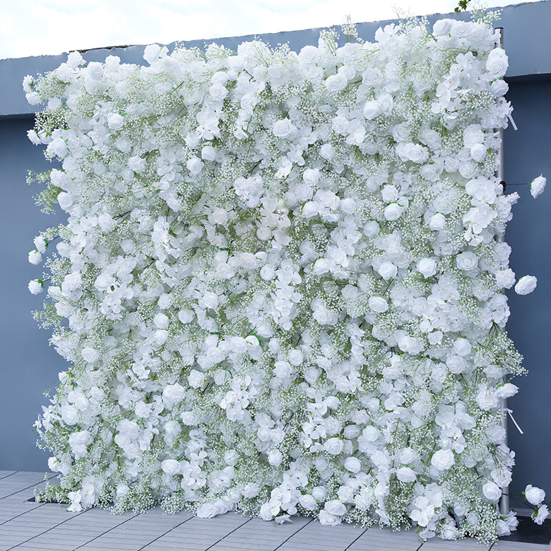Event photo booth backdrop using mixed white artificial baby breath and rose flower wall