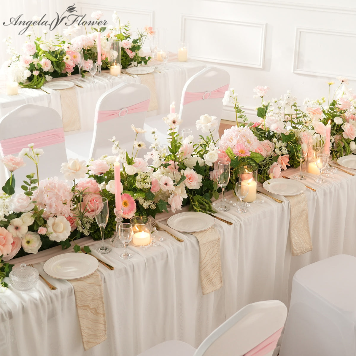 pink white wedding floor flower row for ceremony backdrop