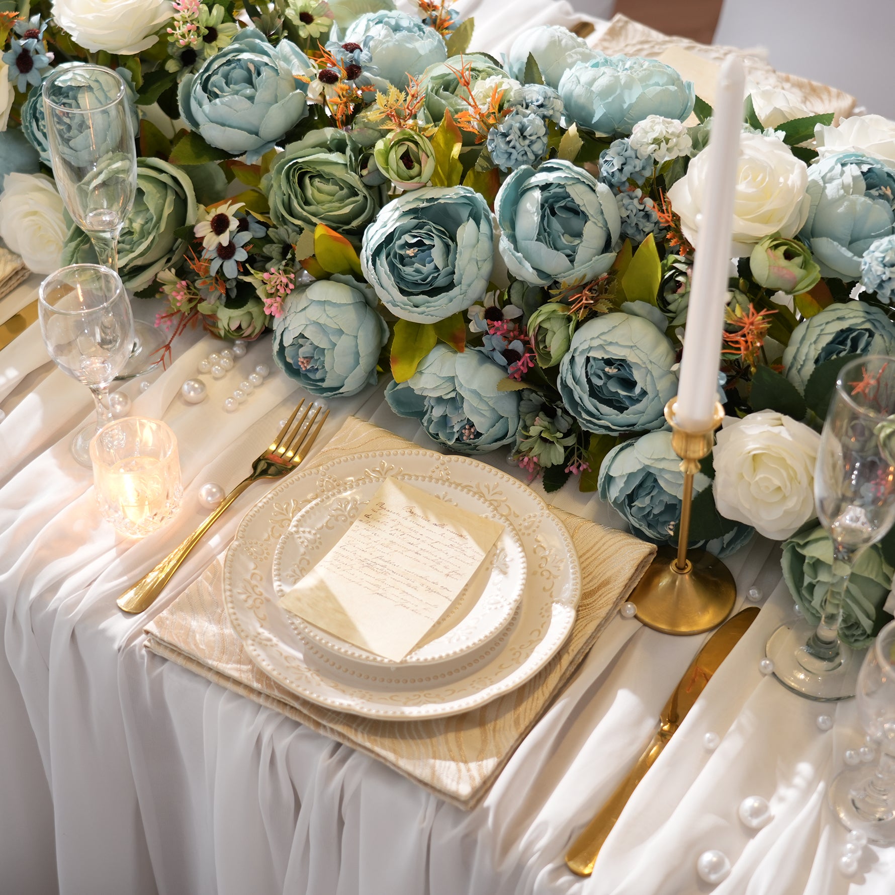 boho dusty blue wedding table floral runner with peonies and roses