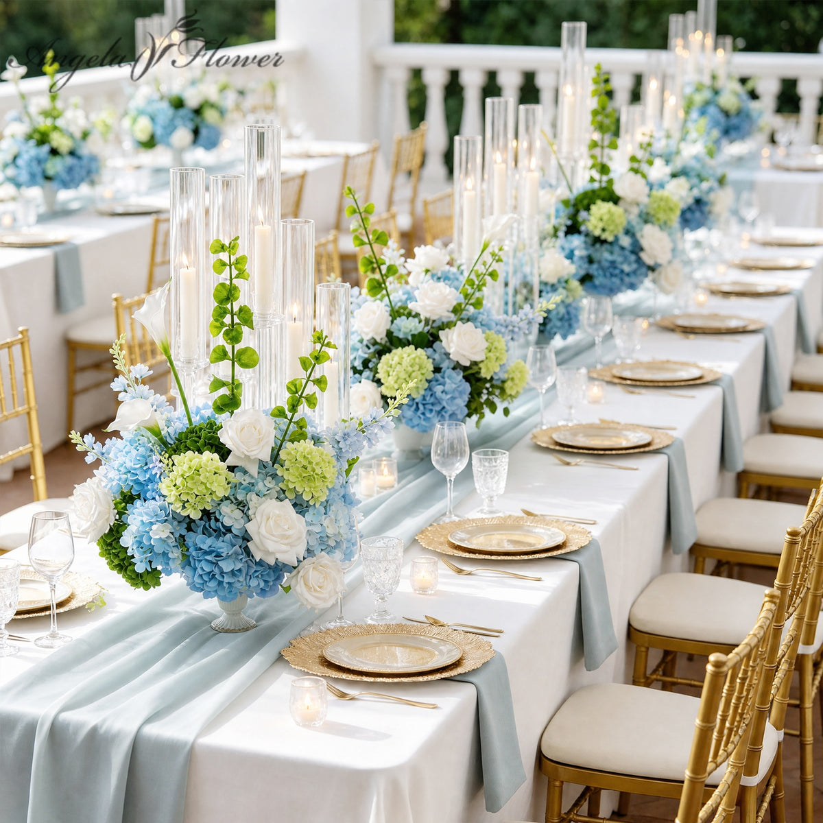Garden‑style silk floral centerpiece with bells of ireland for wedding tables