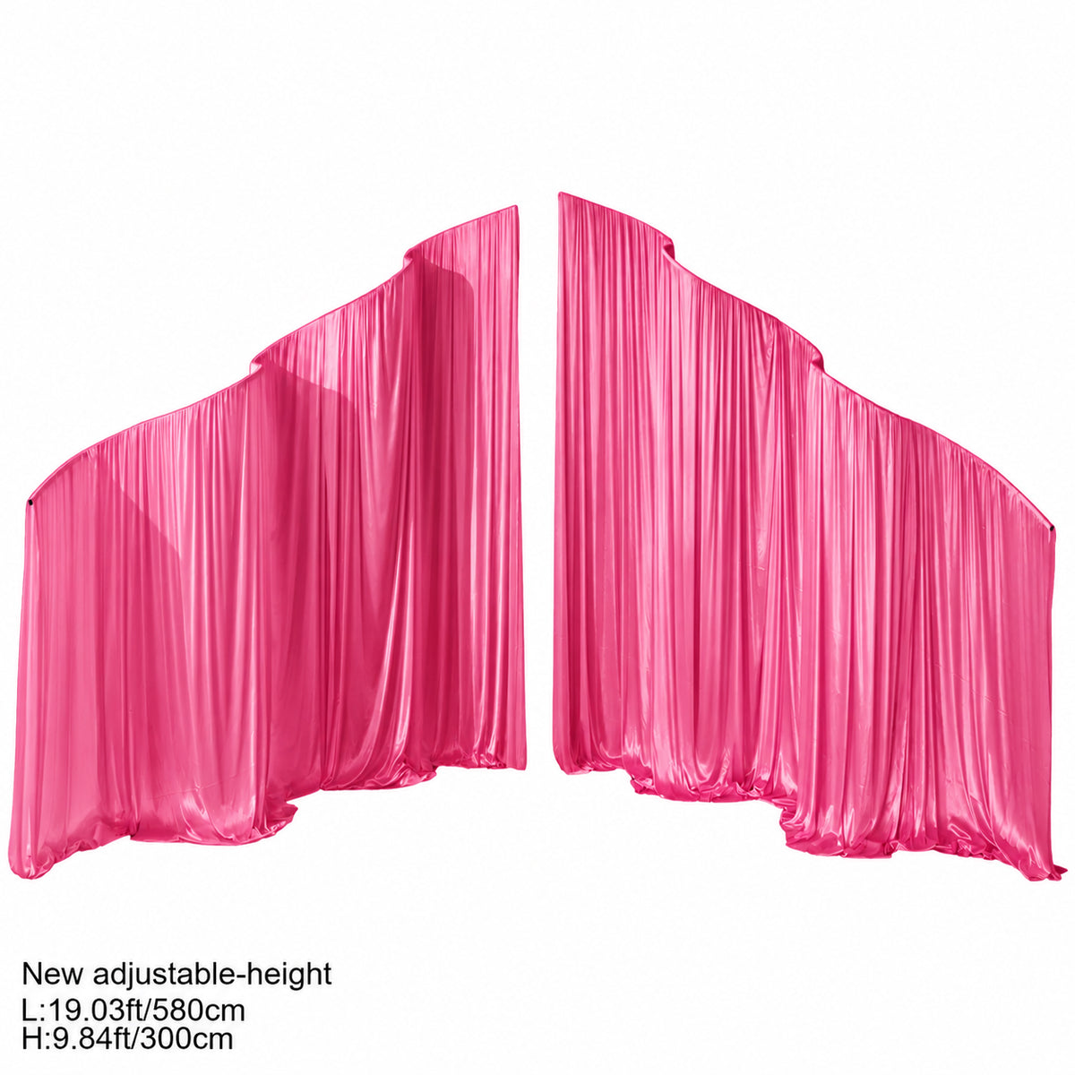 Multi color swatch display of satin fabric drapes for wedding arch backdrop frame, blush, purple, red, teal options
