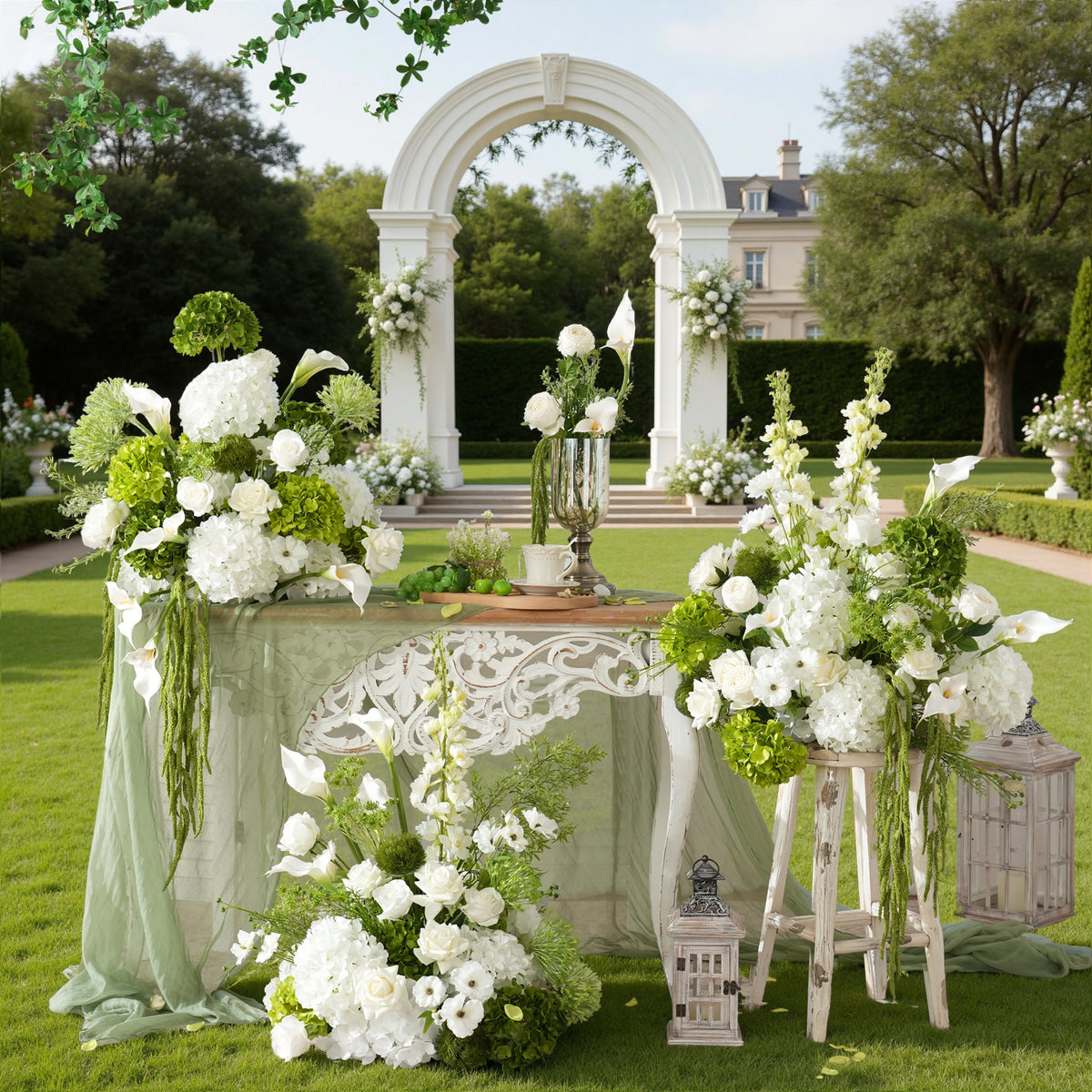 fresh white green wedding flower row for backdrop