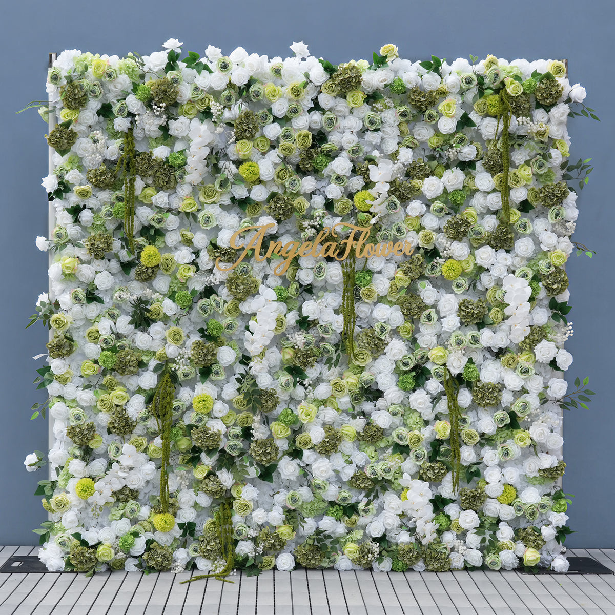 Premium botanical style artificial flower wall panel, white silk roses and greenery for wedding event backdrop