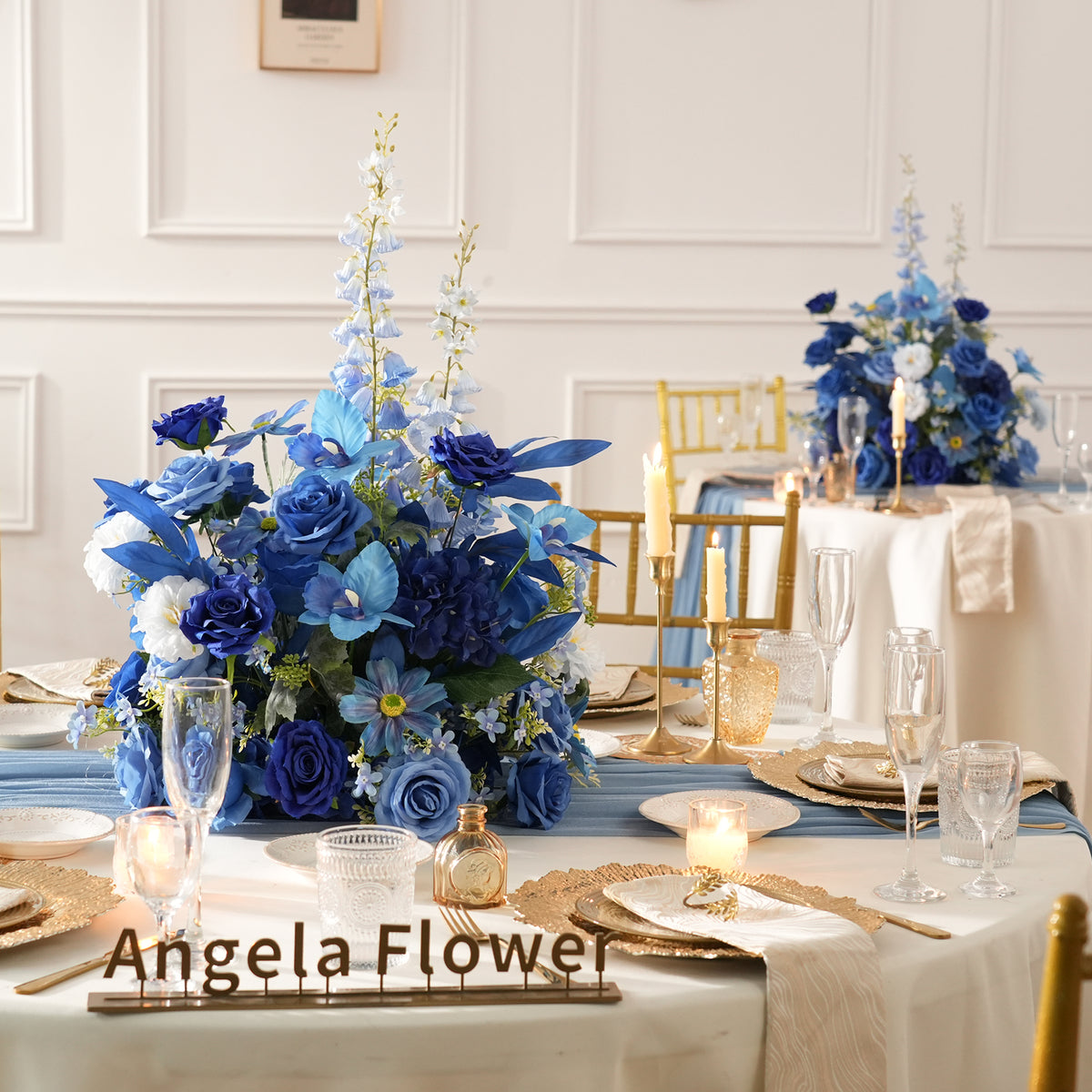 Blue foliage mixed faux flower table centerpiece for wedding table decor
