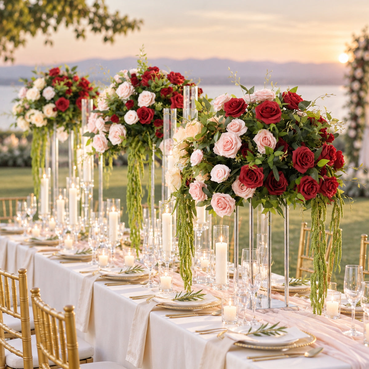 reusable faux rose floral centerpiece for wedding reception long table