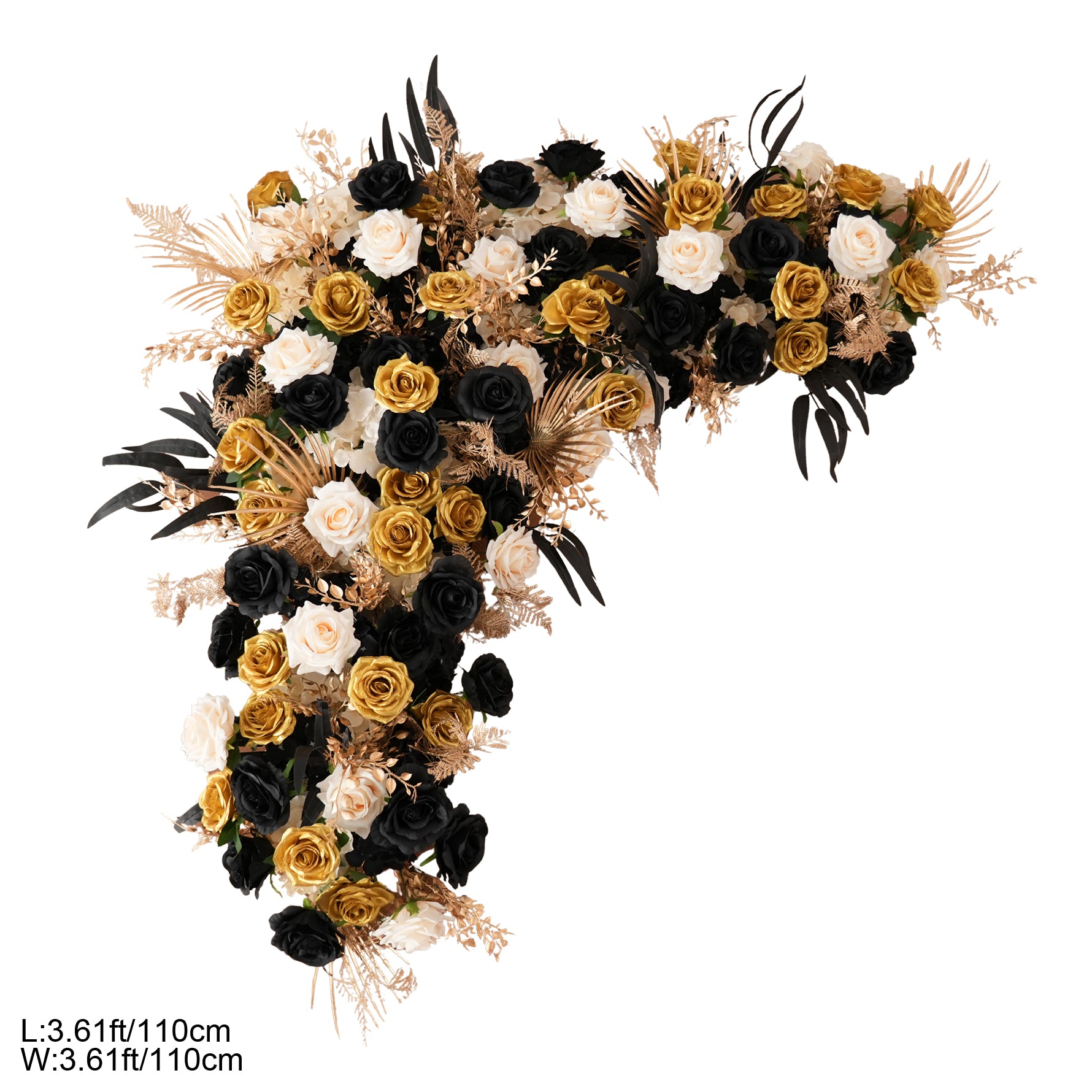 Black gold floral arch full wedding venue setup