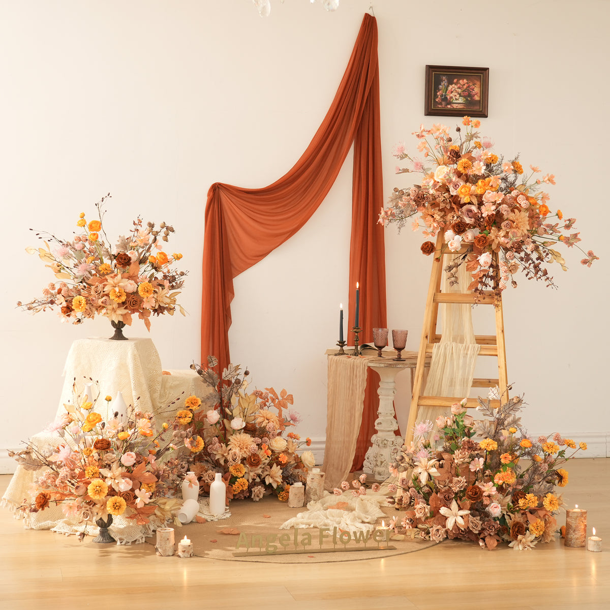 Rust orange faux flower backdrop hanging swag for wedding ceremony