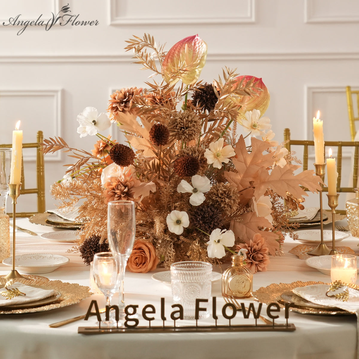 Caramel fall mixed faux flower table centerpiece for outdoor wedding