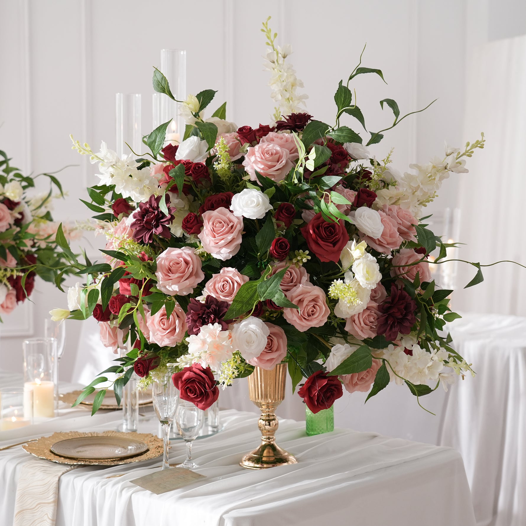 burgundy‑cream‑faux‑floral‑centerpiece‑arch‑ceremony‑setup‑background