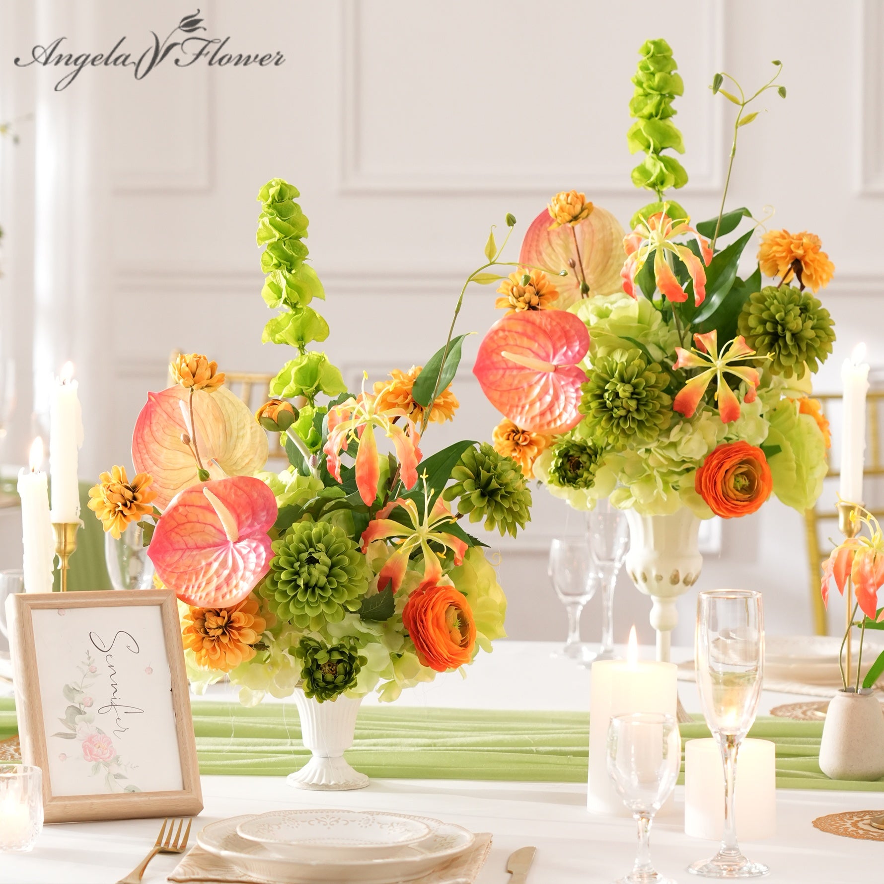 orange‑green‑tropical‑faux‑wedding‑table‑centerpiece‑mixed‑floral‑arrangement