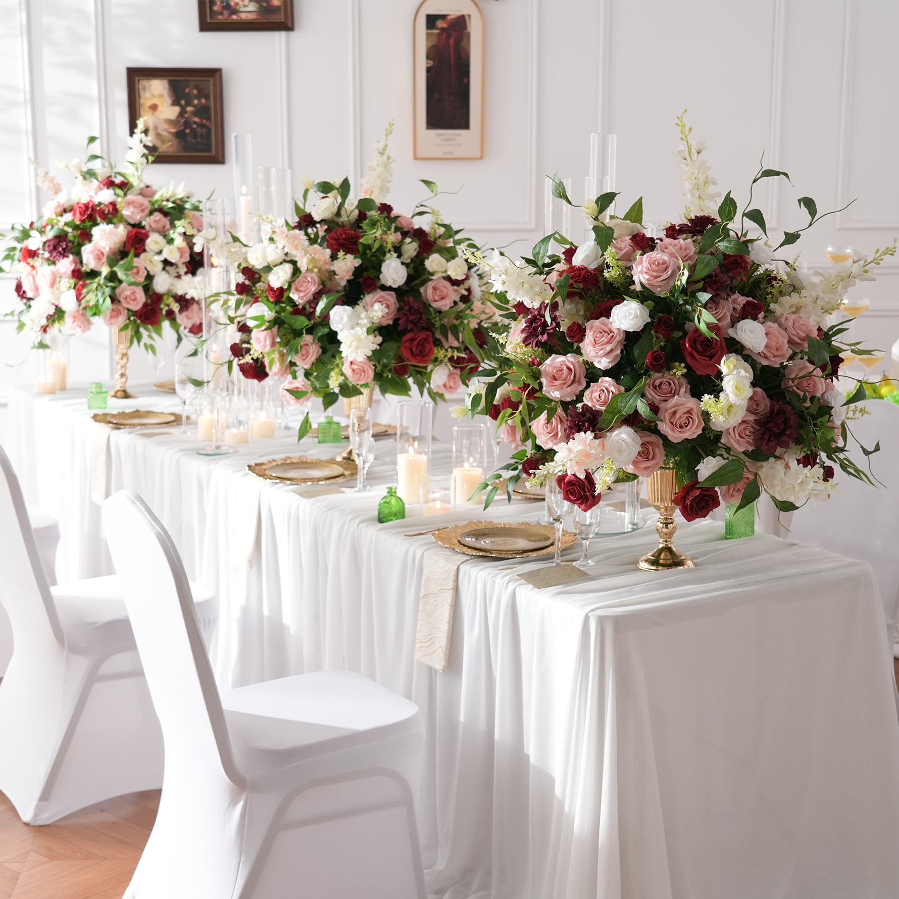 burgundy‑peach‑faux‑table‑flower‑arrangement‑reception‑table‑decor