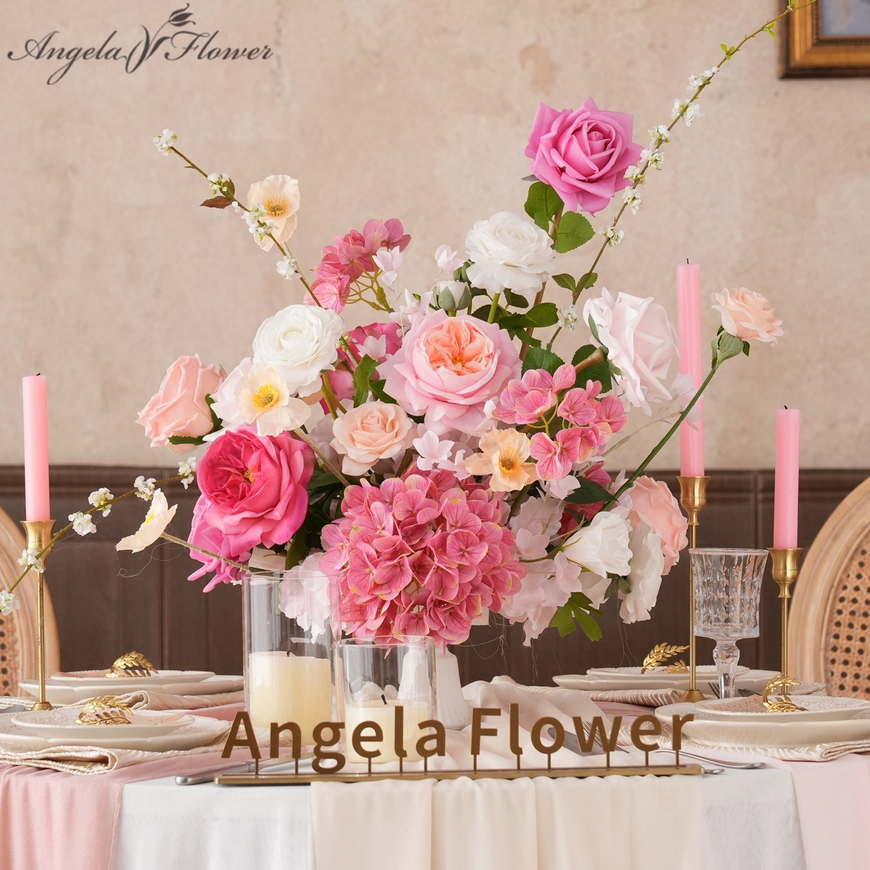 pink white artificial flower centerpiece wedding table decor