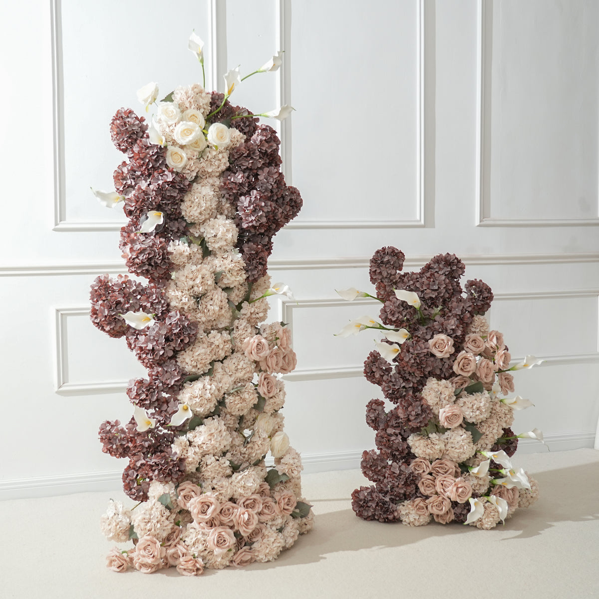 Chocolate hydrangea and calla lily flower pillar wedding backdrop decor