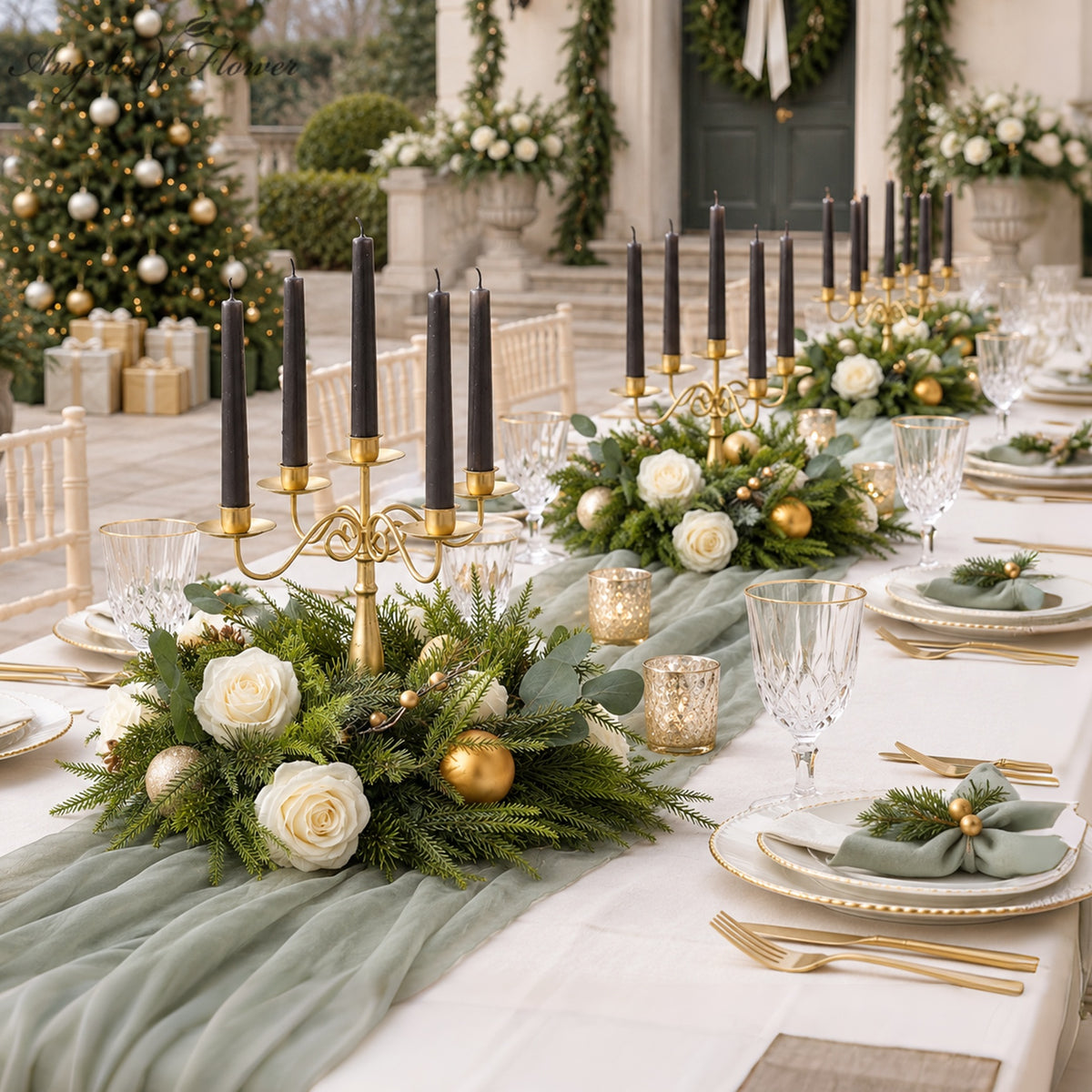 Artificial rose flower closeup on Christmas table centerpiece wreath