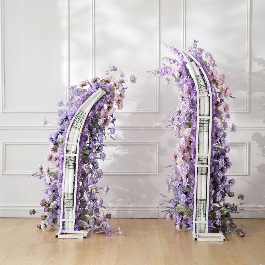 elegant purple floral horn arch engagement party decor