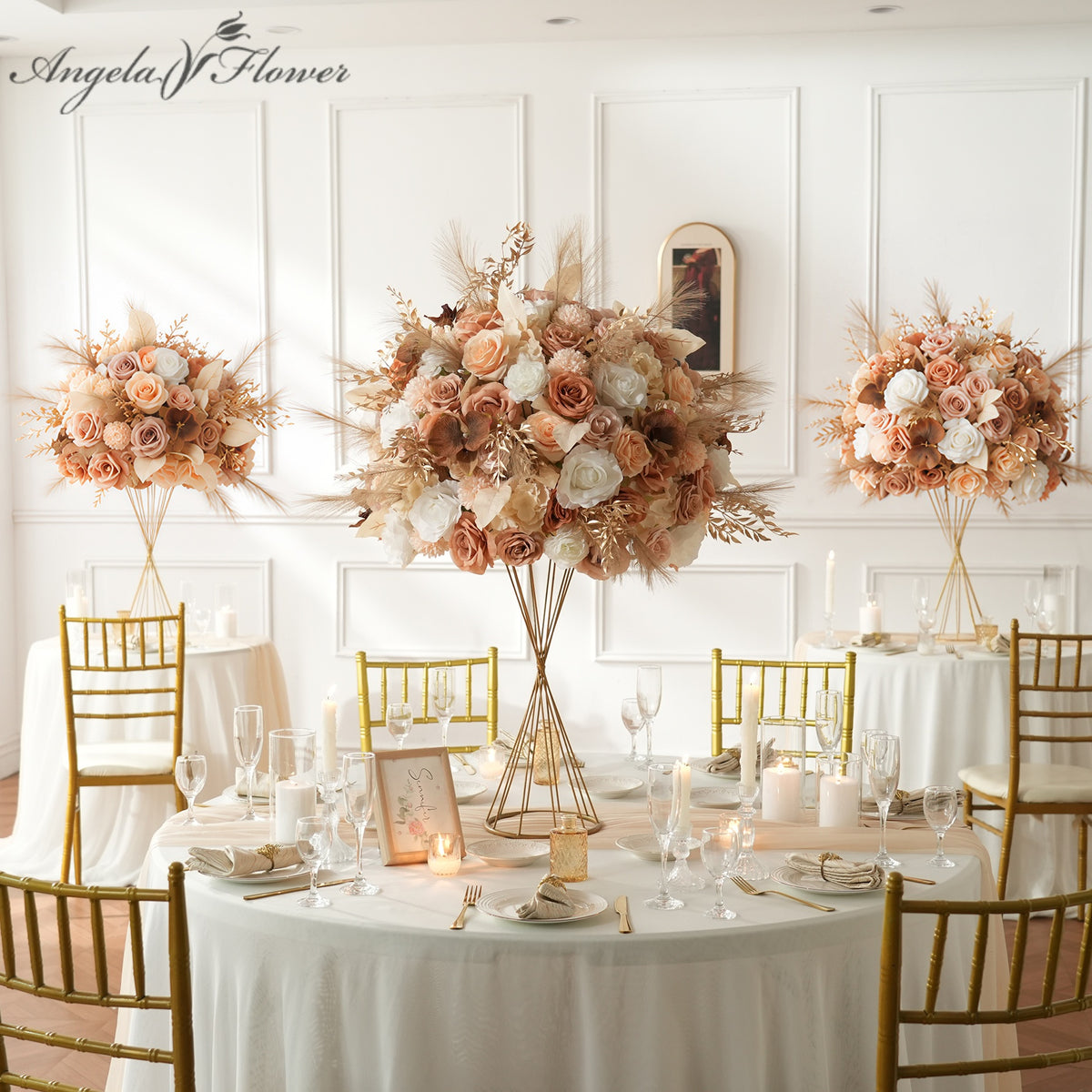 Terracotta caramel artificial wedding table centerpiece for villa outdoor fall wedding