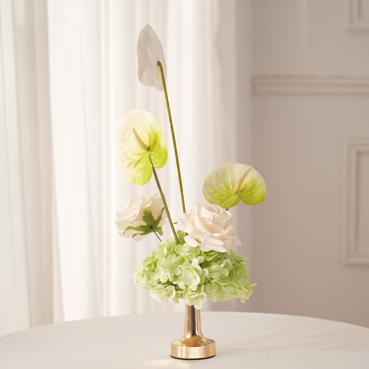 Detailed shot of lifelike cream artificial rose in table arrangement