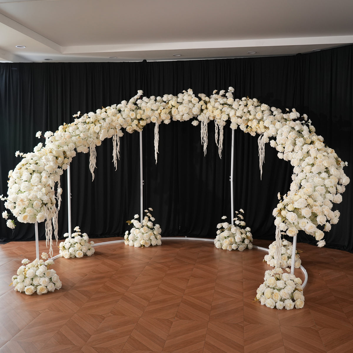 Reusable white rose flower arch set for wedding event rental business