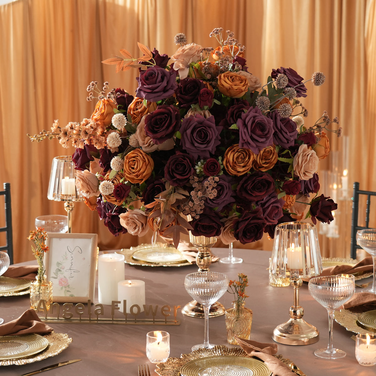 Vintage moody burgundy orange artificial floral garland for wedding backdrop