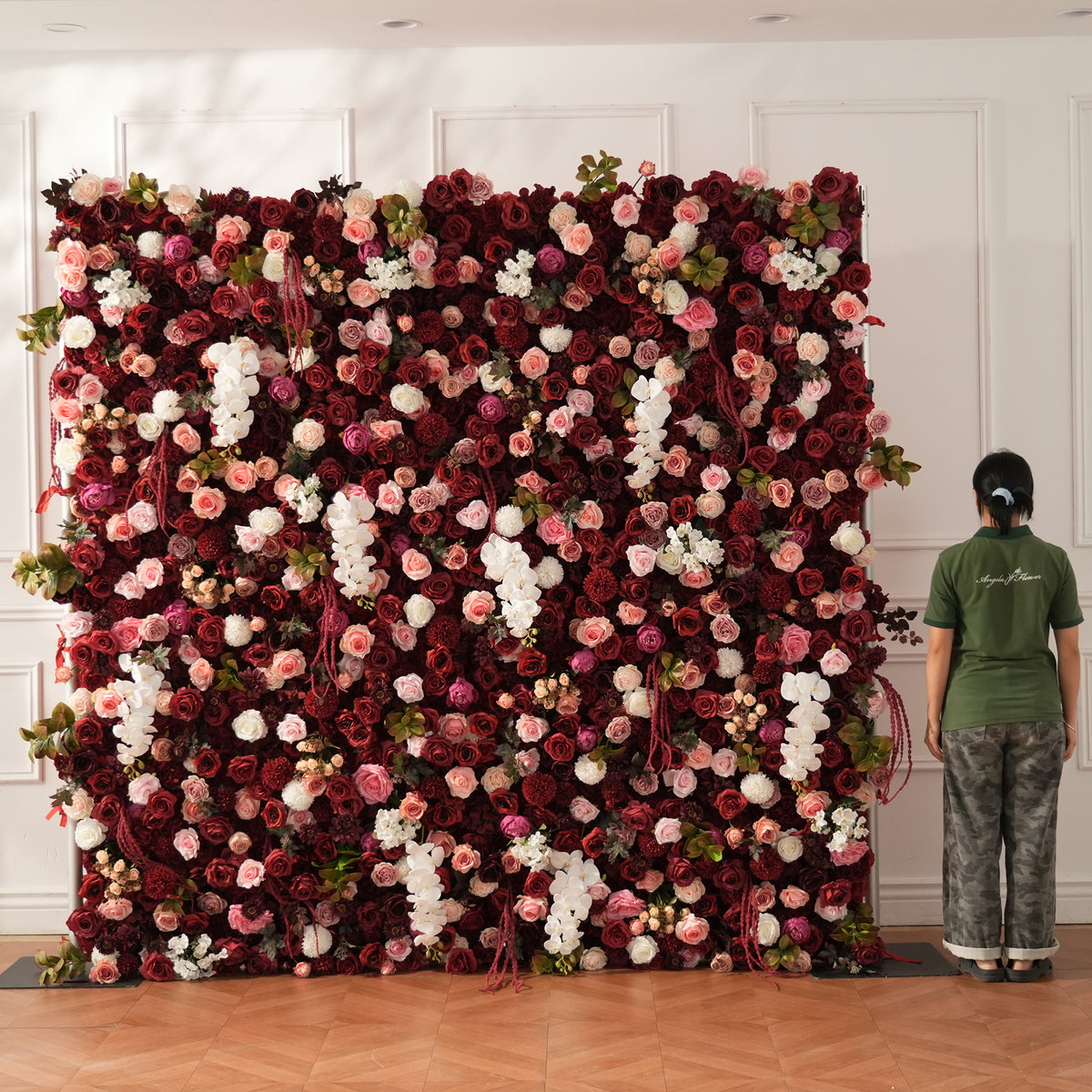 Fabric base artificial flower wall for repeated event use