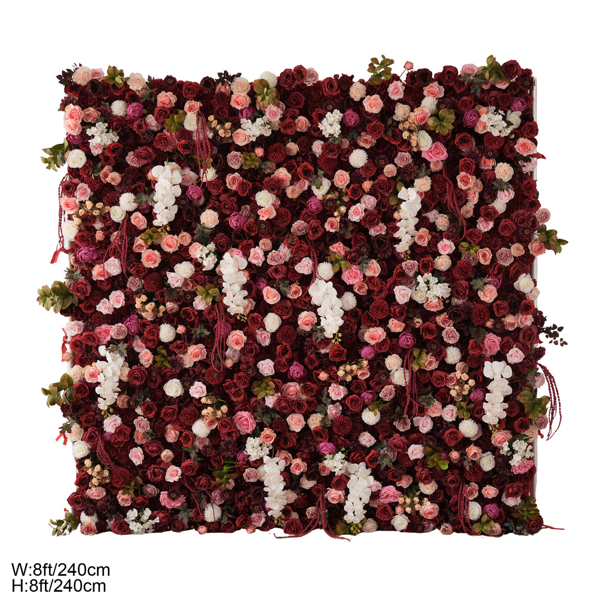 Burgundy flower wall with cream and blush rose highlights