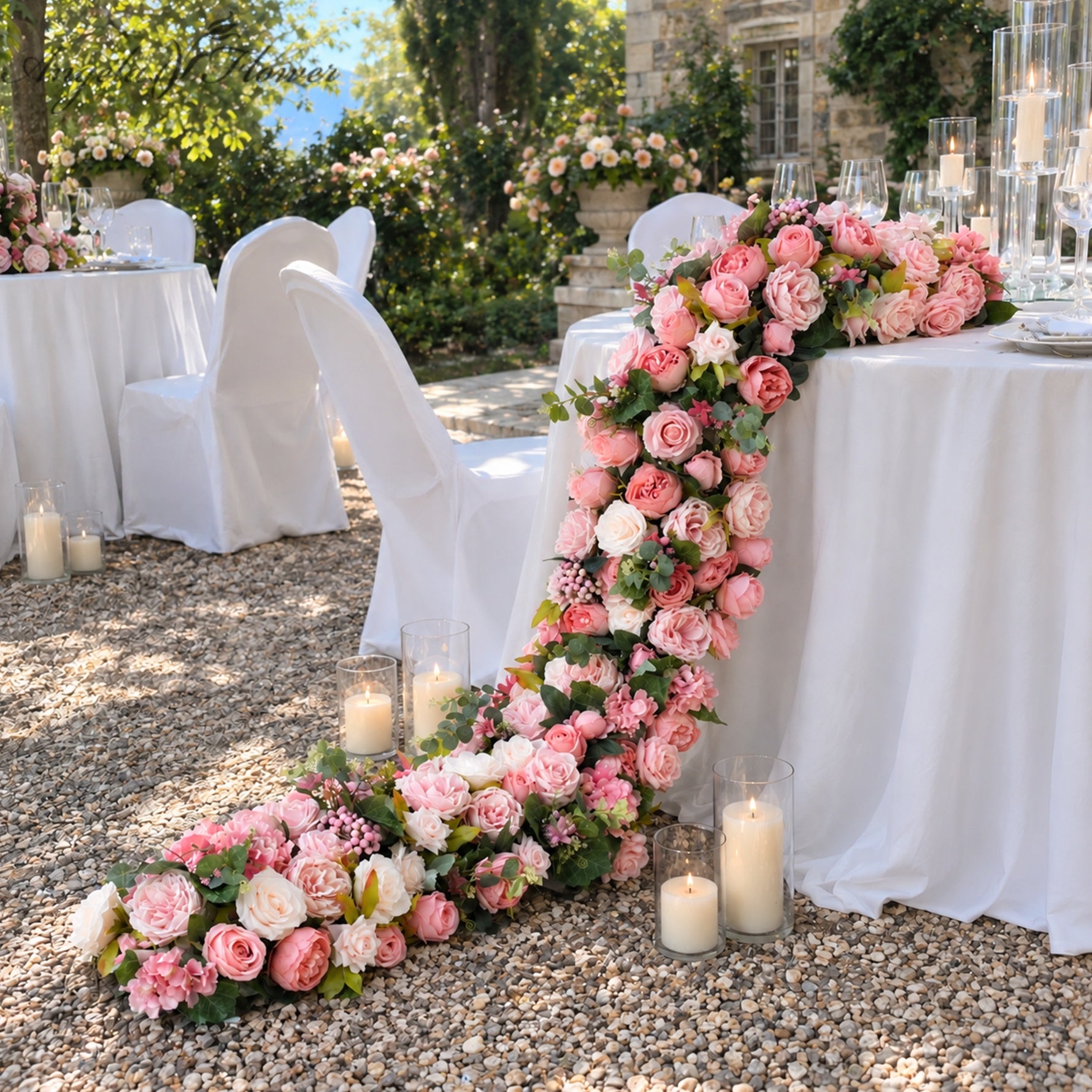 pink faux garden rose trailing garland for sweetheart table