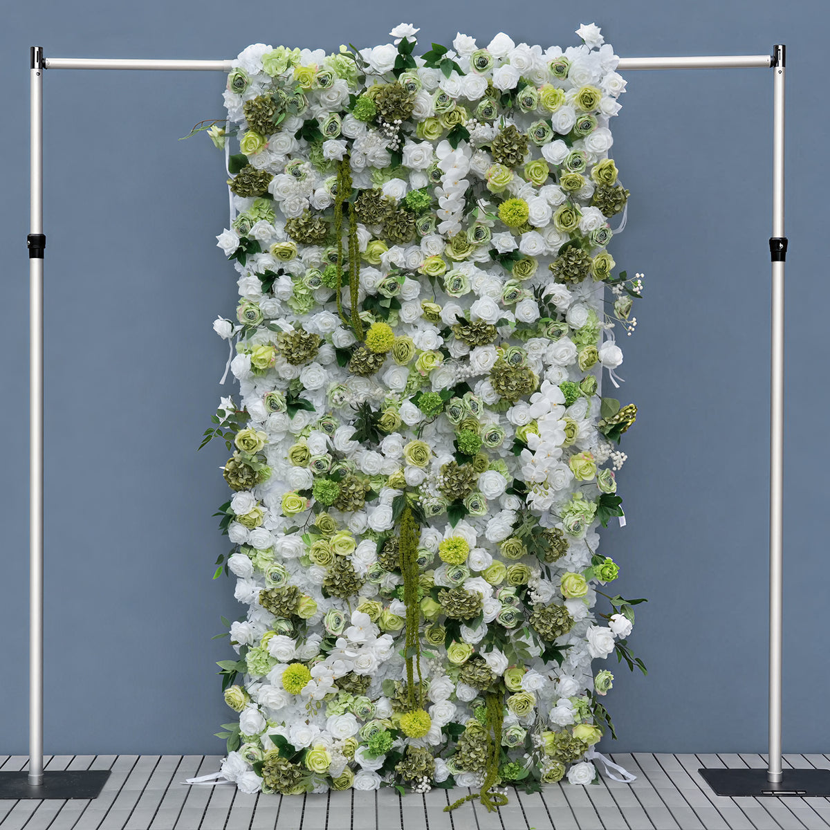 Classic white green silk floral wall backdrop, high density faux flower panel for wedding and special event decor