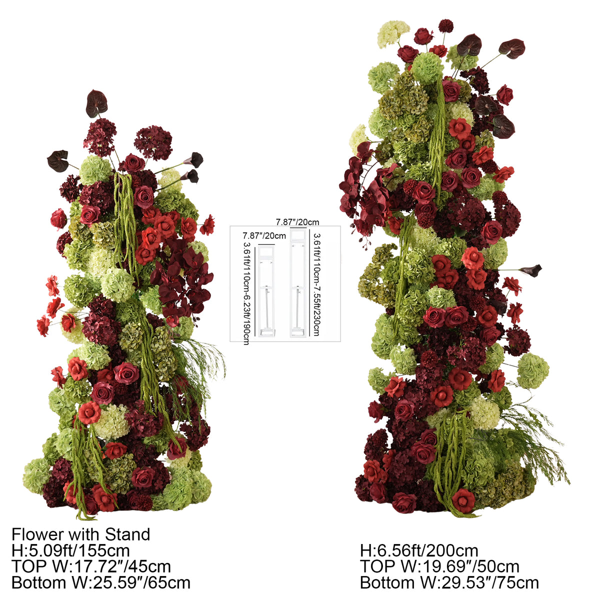 Wedding entrance decor with burgundy green tall flower arrangements
