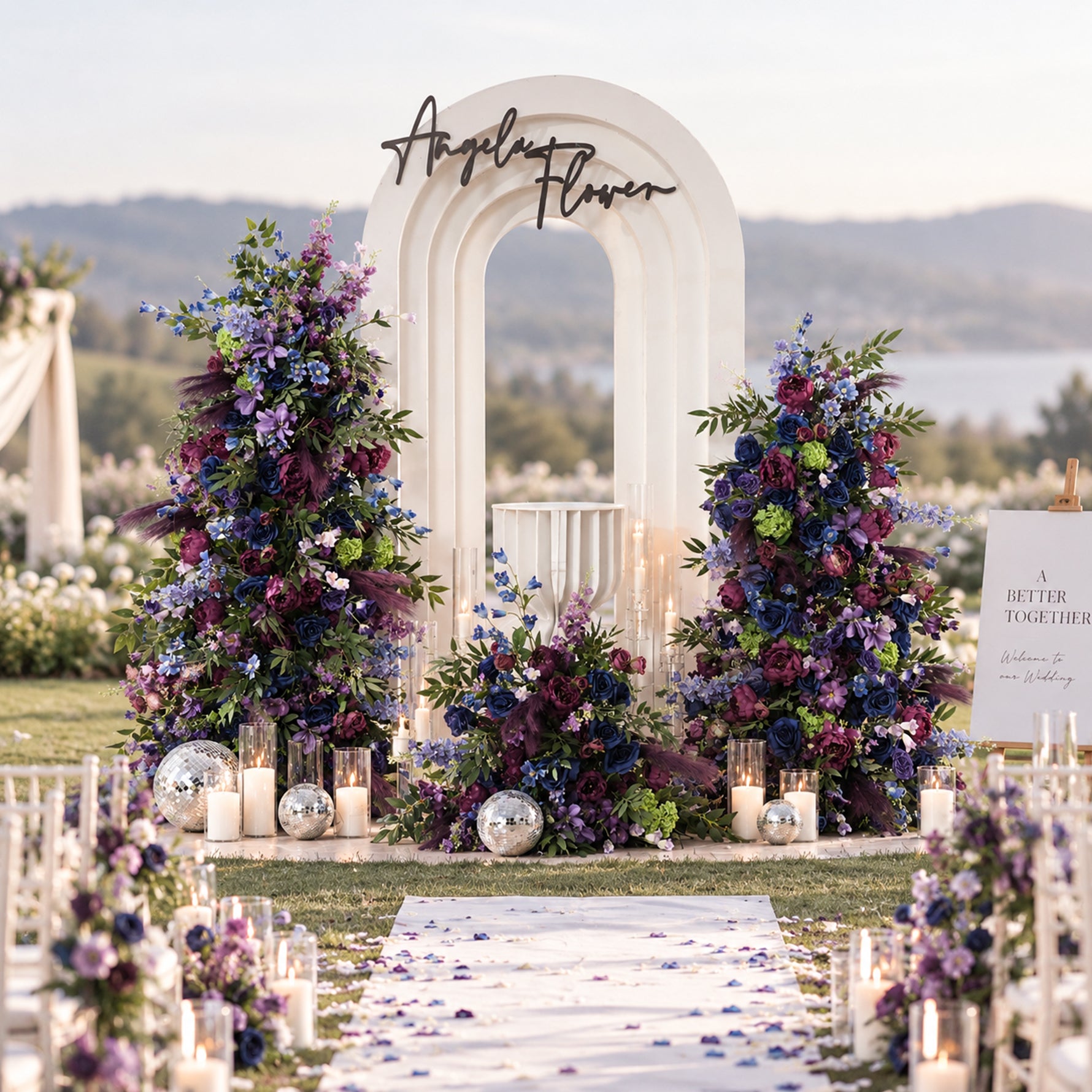 navy_purple_wedding_floral_pillar_set