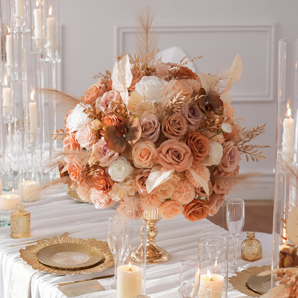 Vintage caramel rose table arrangement with faux ping pong chrysanthemum