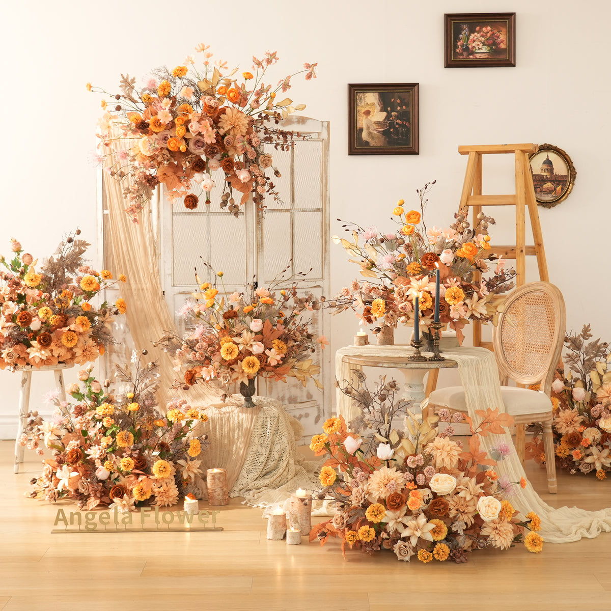 Fall wedding aisle ground flower bunch in burnt orange tone