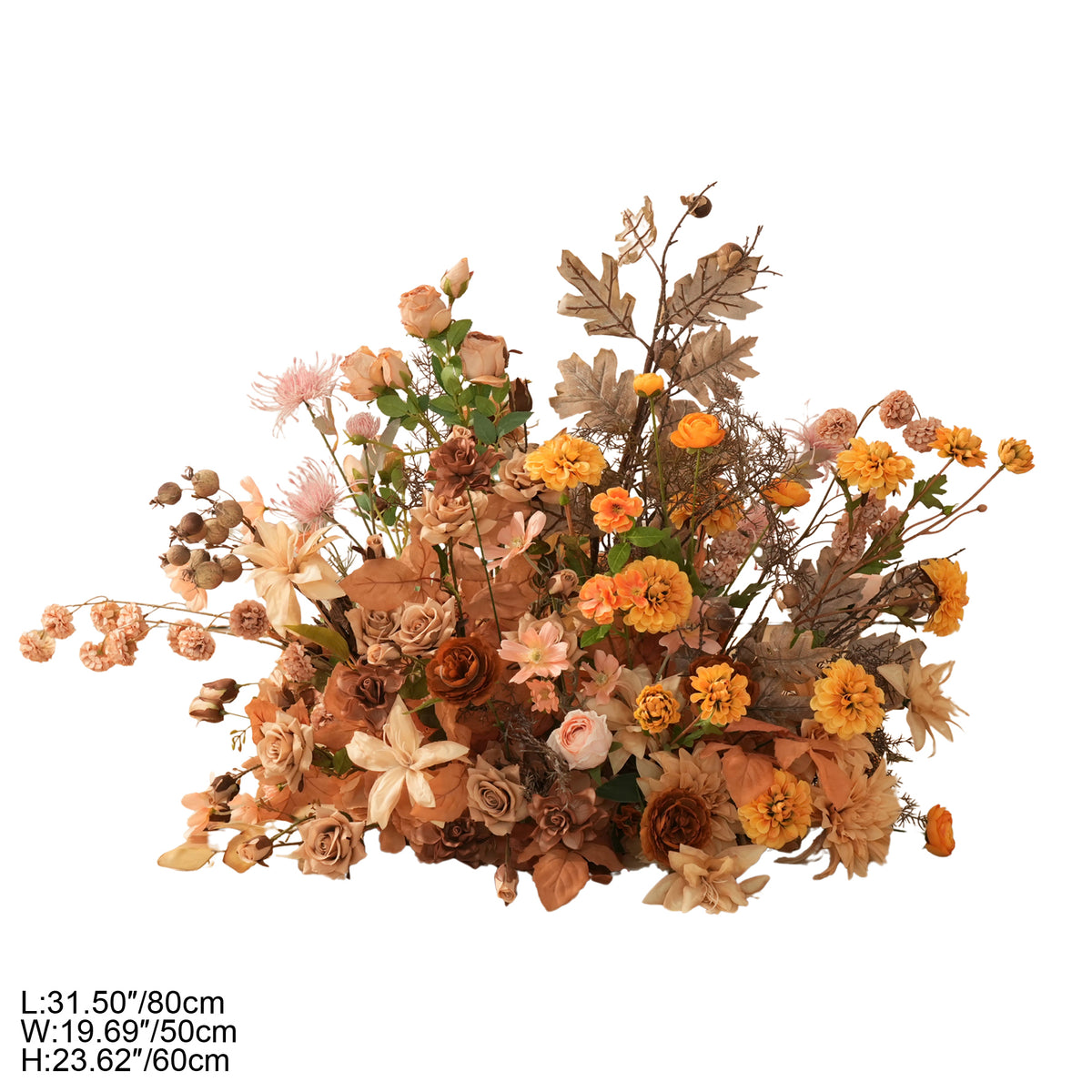 orange fall ground flower arrangement for wedding aisle