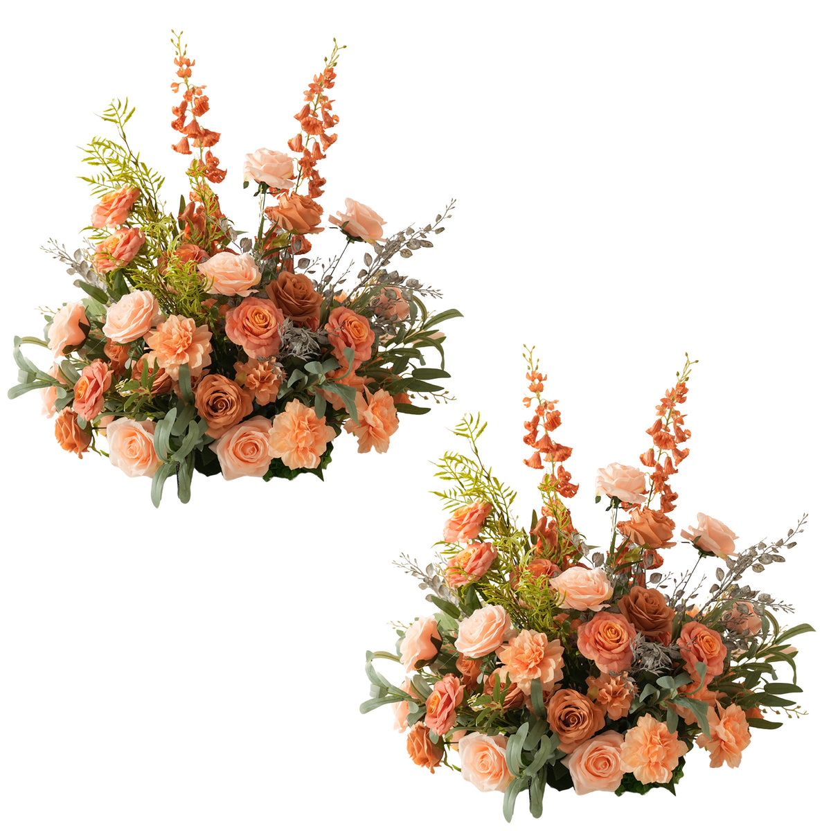 Rustic fall wedding table floral set featuring warm peach roses and delphinium accents