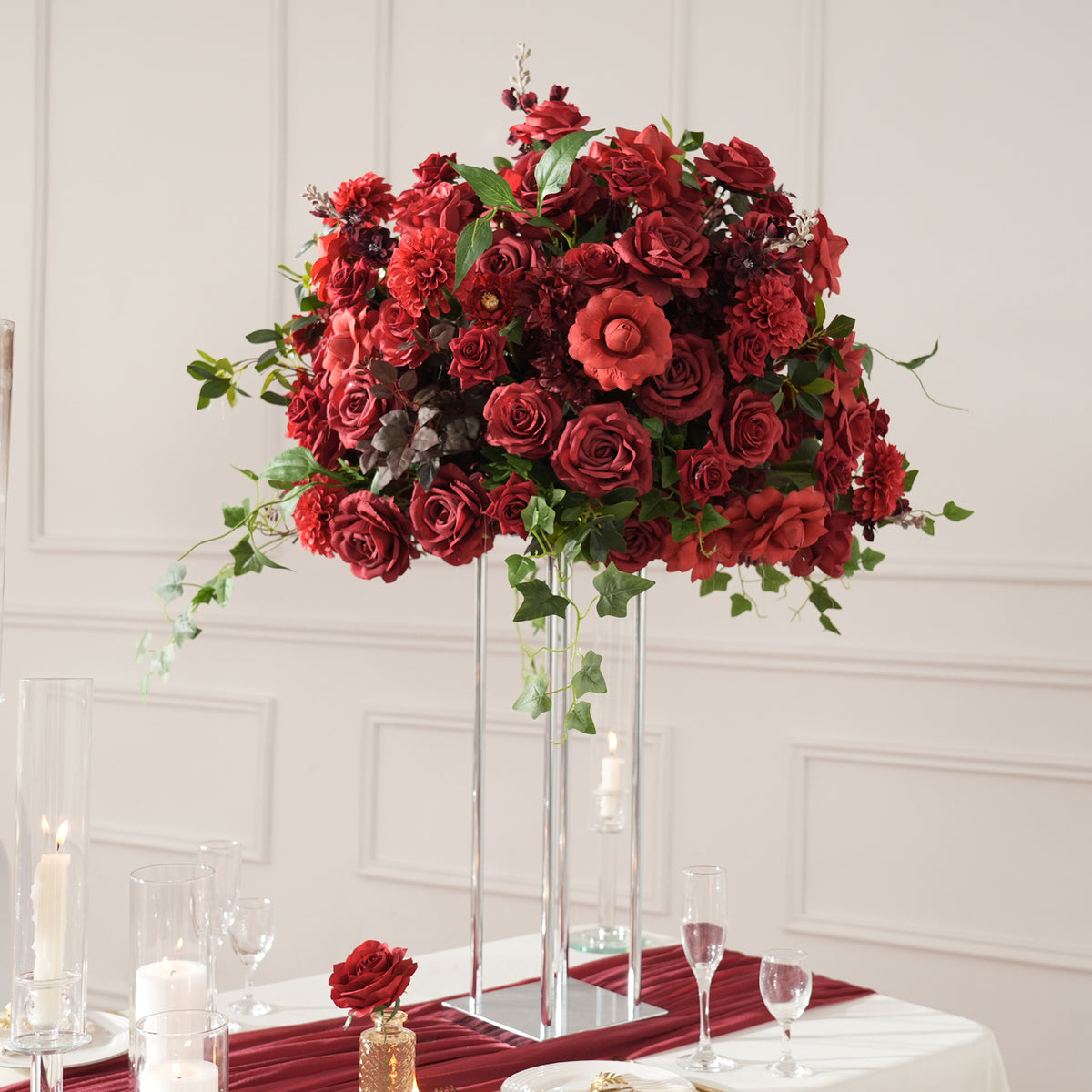 Premium silk artificial flower arrangement, wine red burgundy roses for wedding reception tall stand decor
