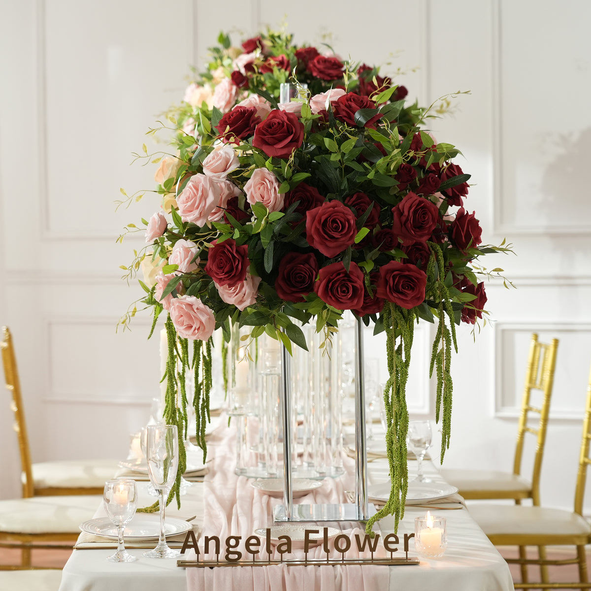 wedding tablescape artificial flower arrangement with green vine