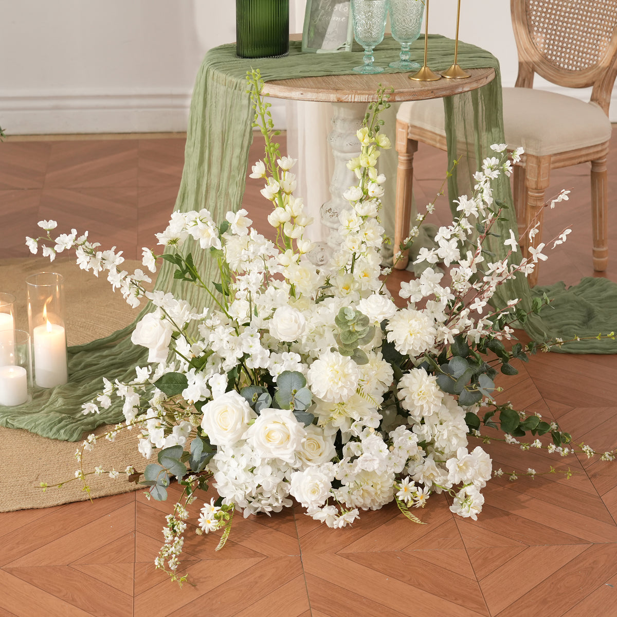 Faux white delphinium sprigs for wedding floral styling