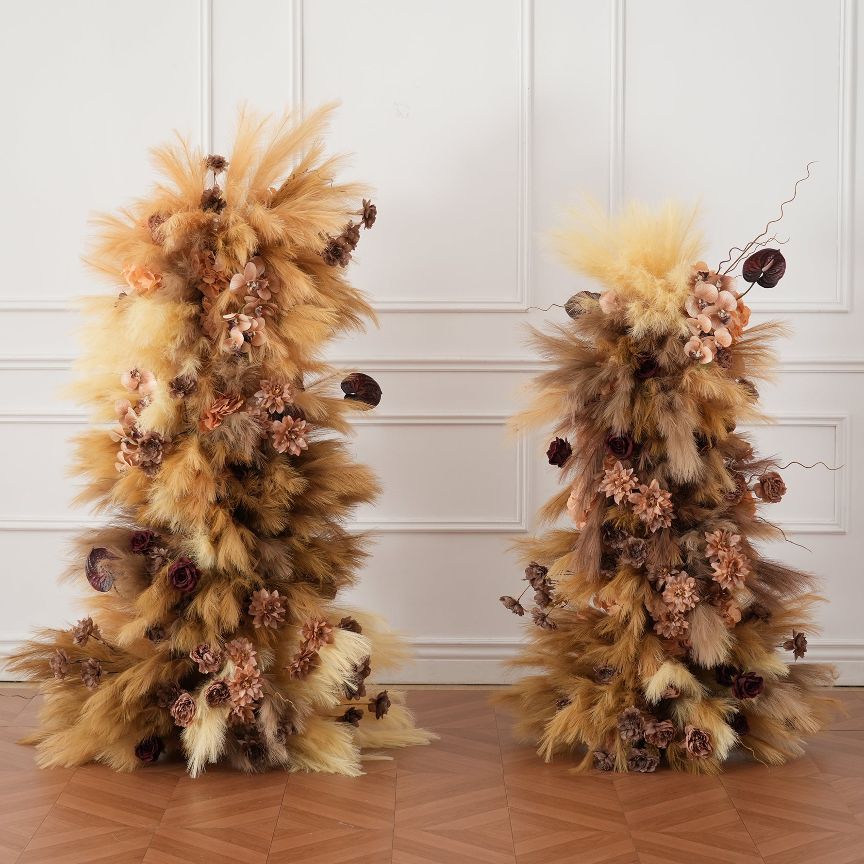 1. Coffee brown faux pampas aisle floral arrangement