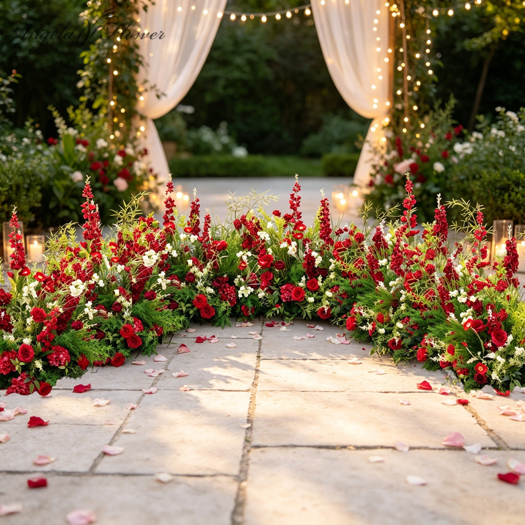 Red Rose Wedding Aisle Ground Floral Arrangement with Greenery