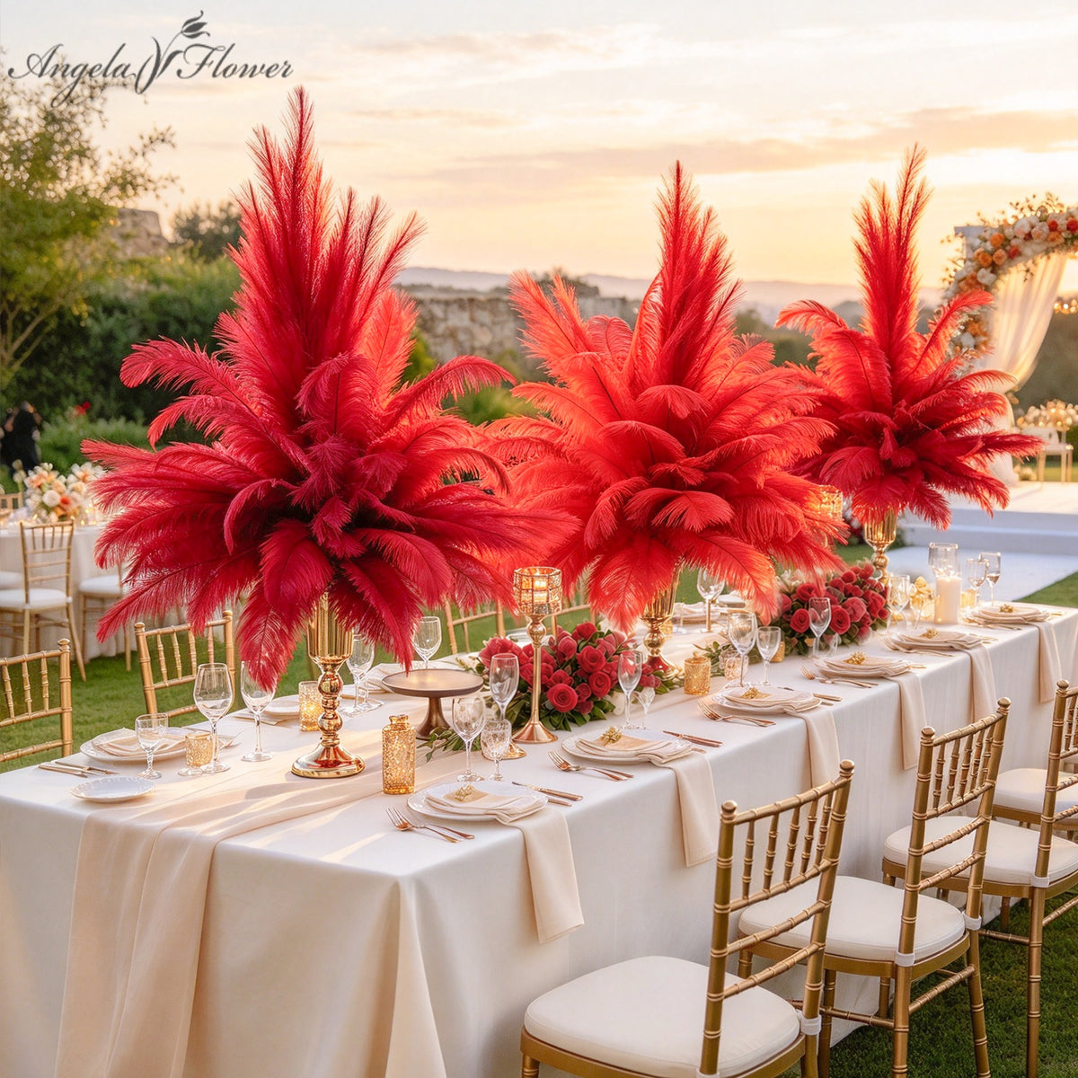 Product grid showing all color options for ostrich feather table centerpieces