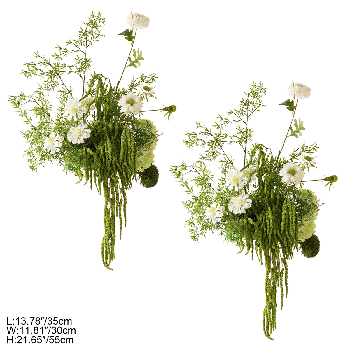 Round wedding table cascading green and white flower centerpiece