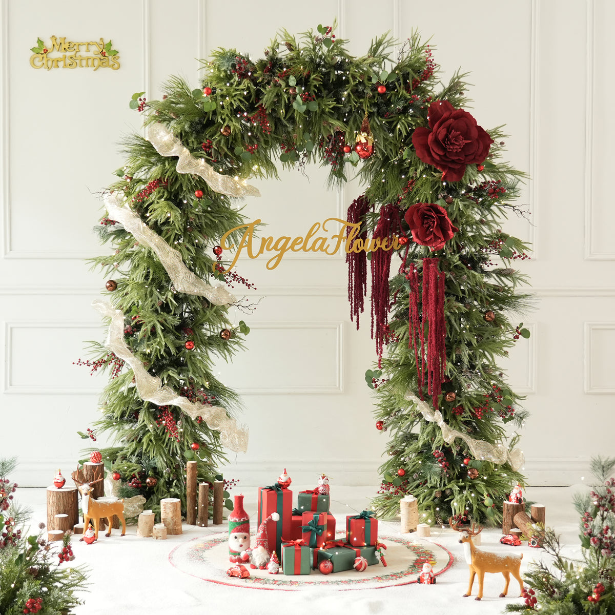 Rustic christmas floral bundle with pinecones, frosted foliage and bright red berries