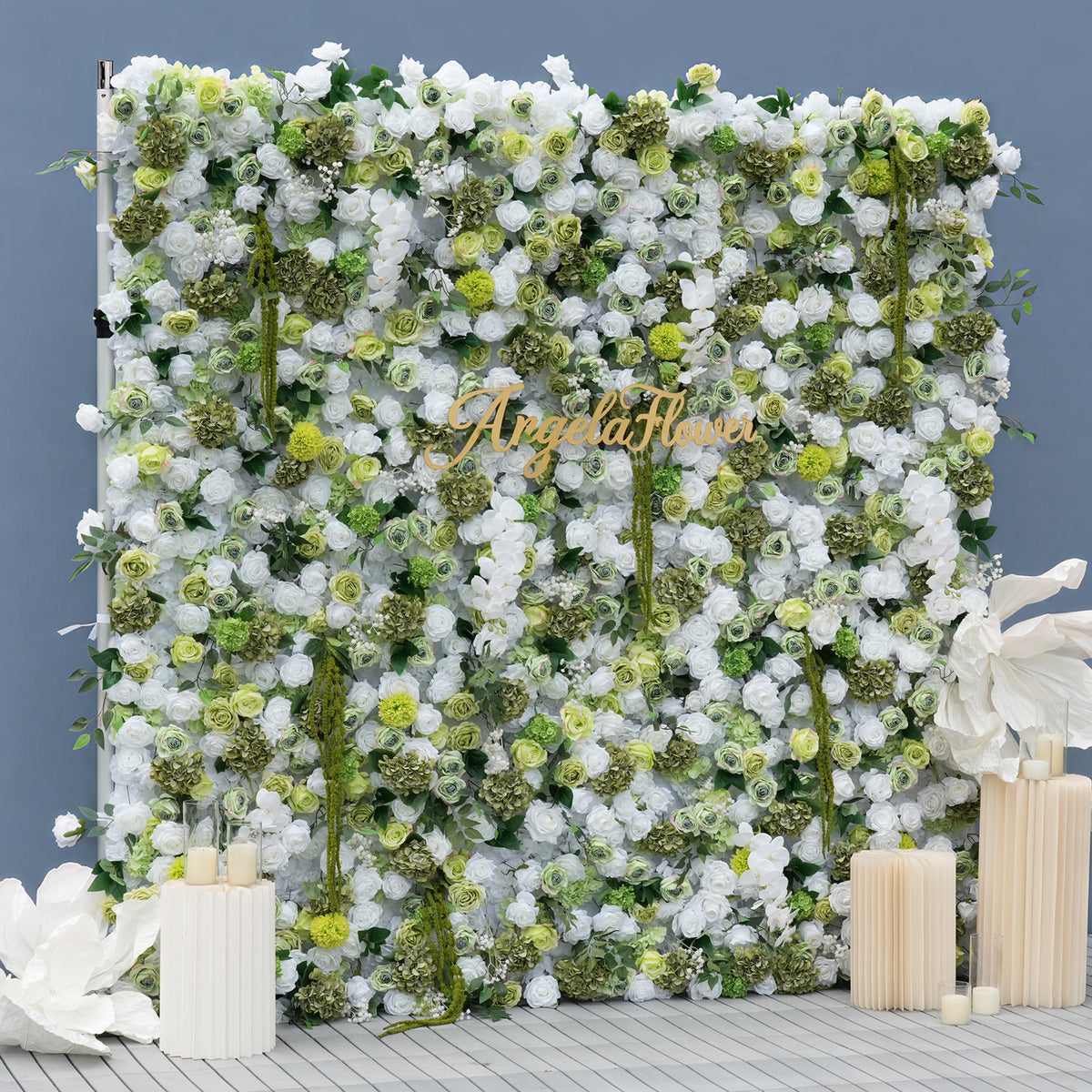 Wedding reception photo backdrop, lush artificial white rose greenery flower wall panel for photoshoot