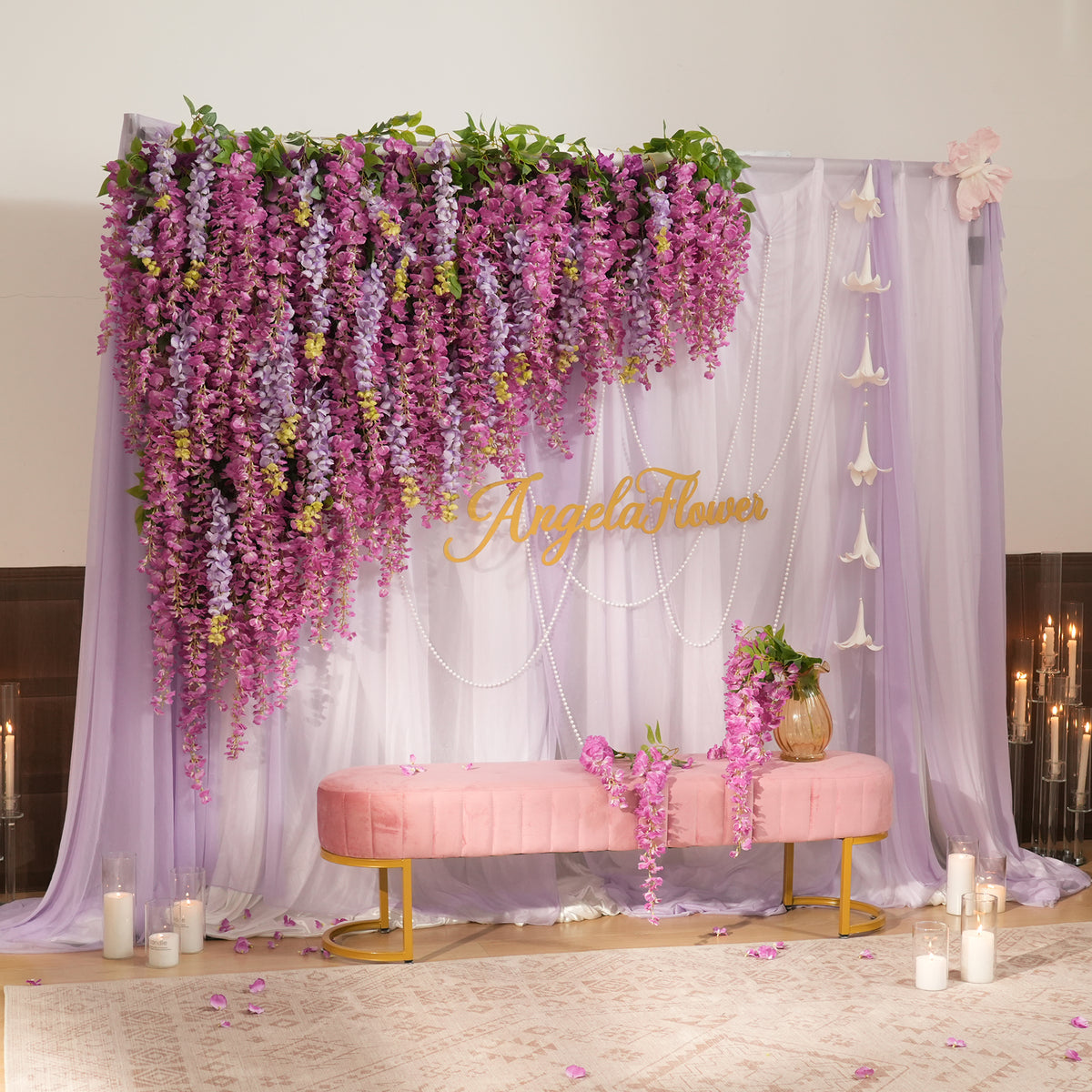 Long cascading wisteria vines on fabric base, flowing floral wall decoration