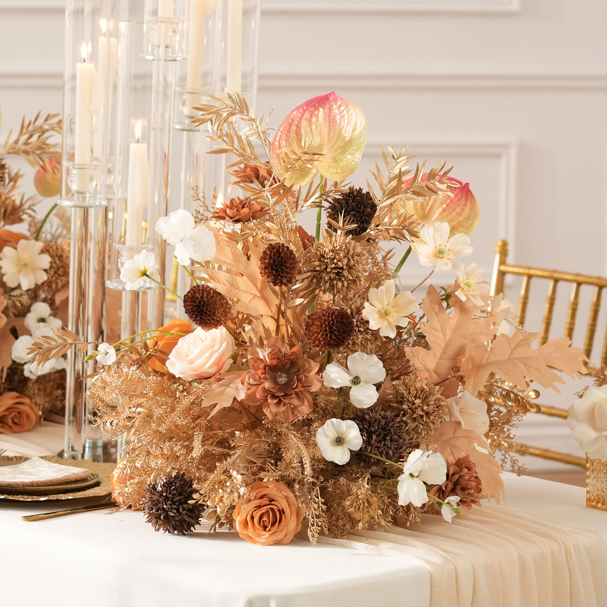 Ivory and gold mixed silk bloom table centerpiece for elegant fall events