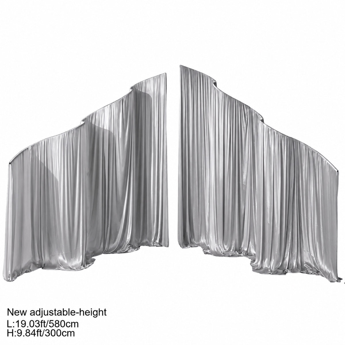 Silver grey satin curtain drape with metal arch frame for modern wedding and event backdrop