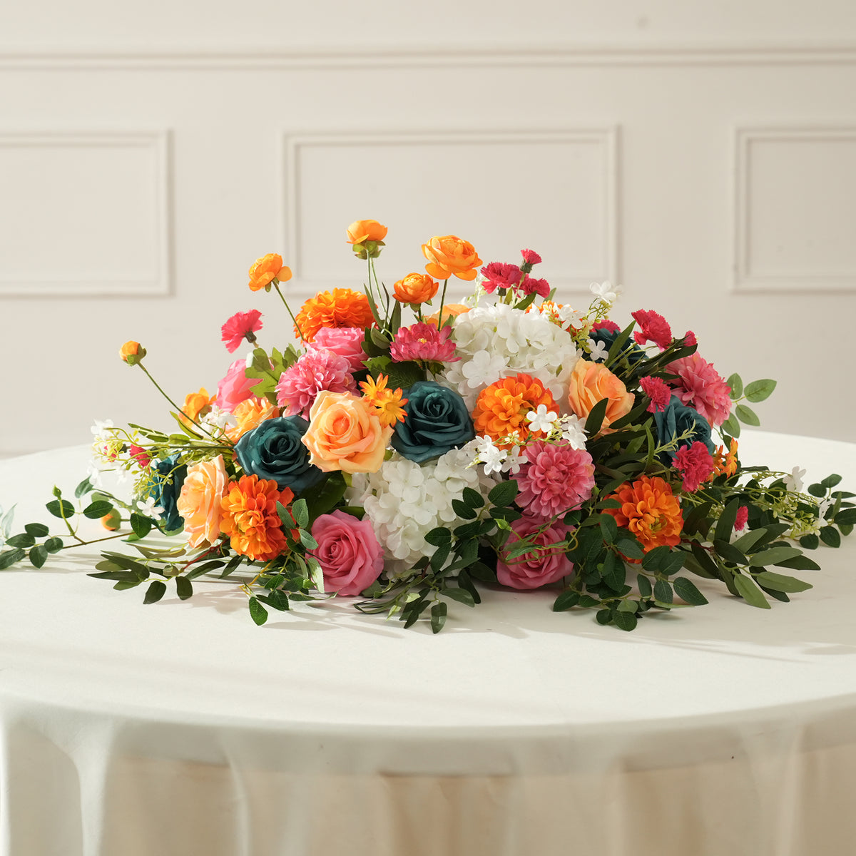 greenery leaves mixed with colorful rose and dahlia