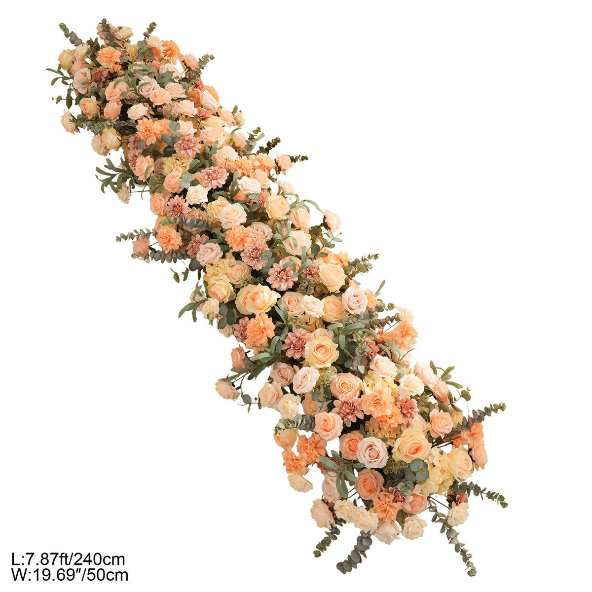 Soft peach wedding flowers with eucalyptus greenery