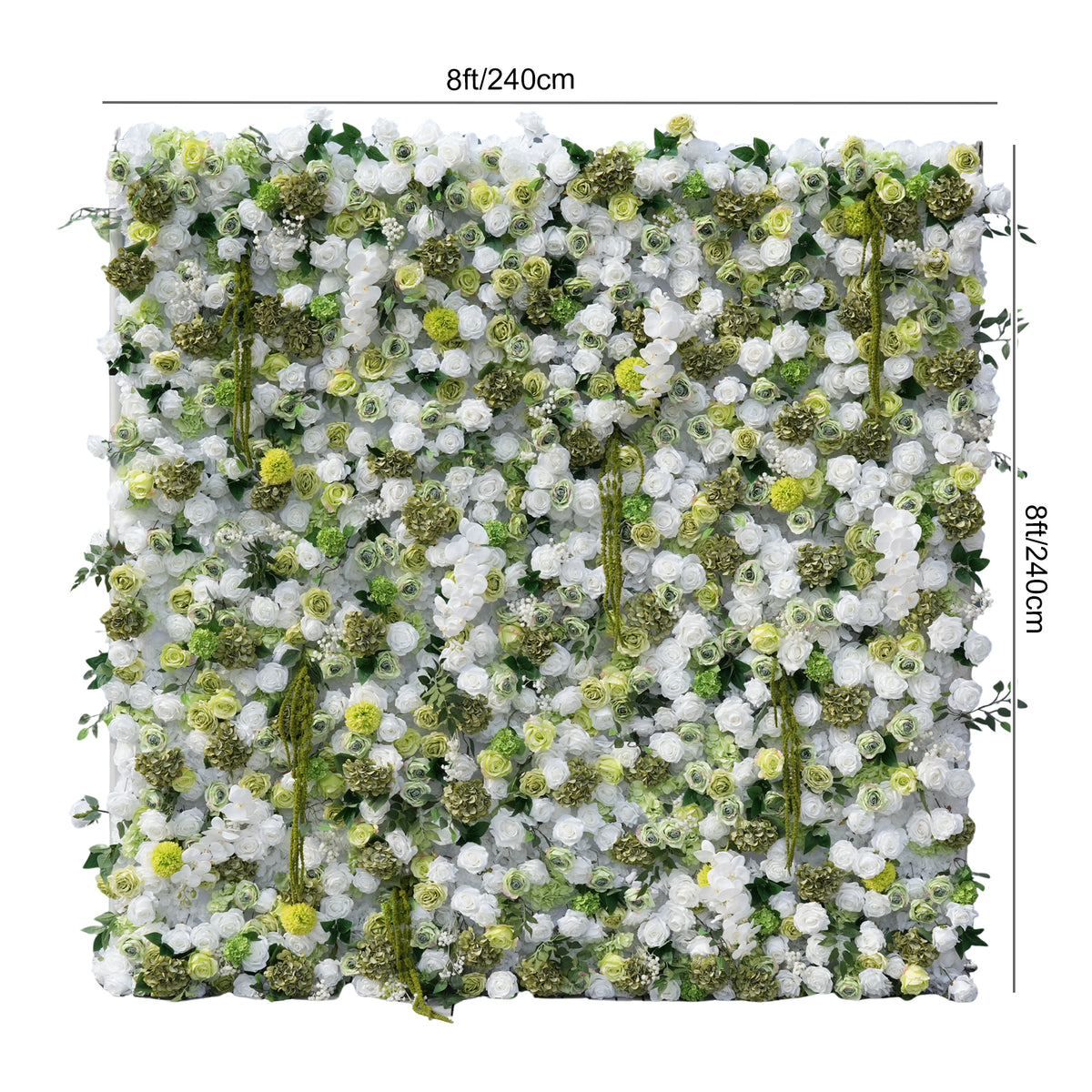 All‑white‑green faux flower wall panel, natural textured mixed blooms for wedding photobooth background decoration